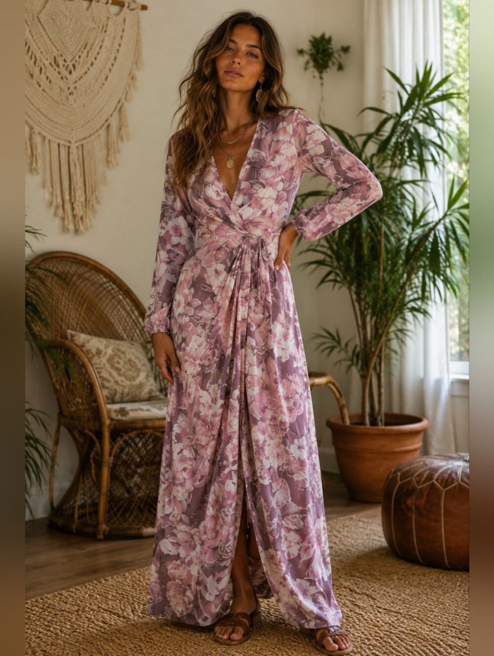 Alexia Admor Mauve Pink Floral Wrap Maxi Dress Long sleeve Flowy Boho NEW